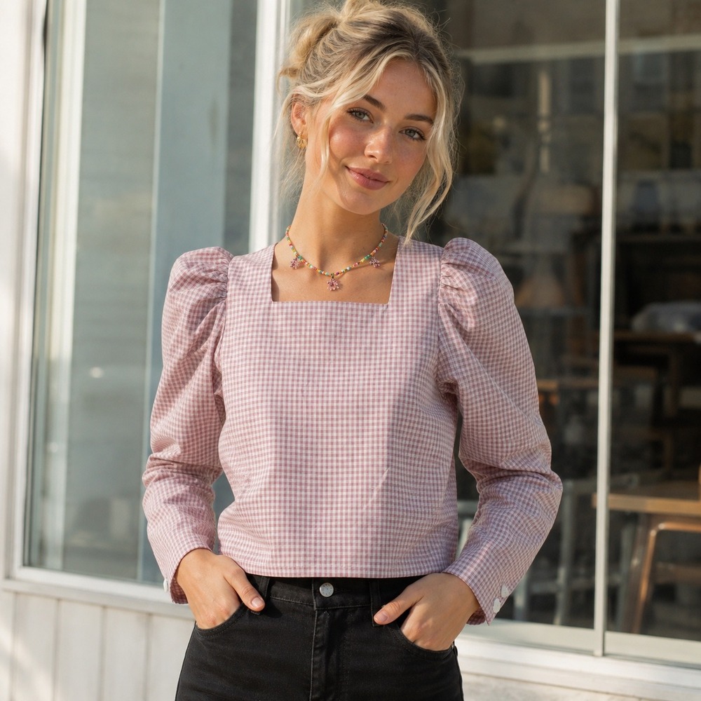Lisa Says Gah Maddie Lavender Gingham Puff Sleeve  Top XS Heart Buttons